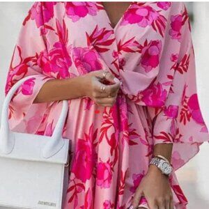 Boho Floral Ruffle Pink Mini Dress (SM)